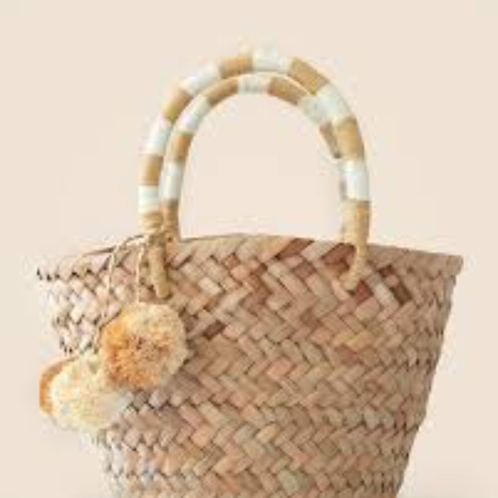Kayu NWT Mini St Tropez Straw Pom Pom Tote Basket Purse